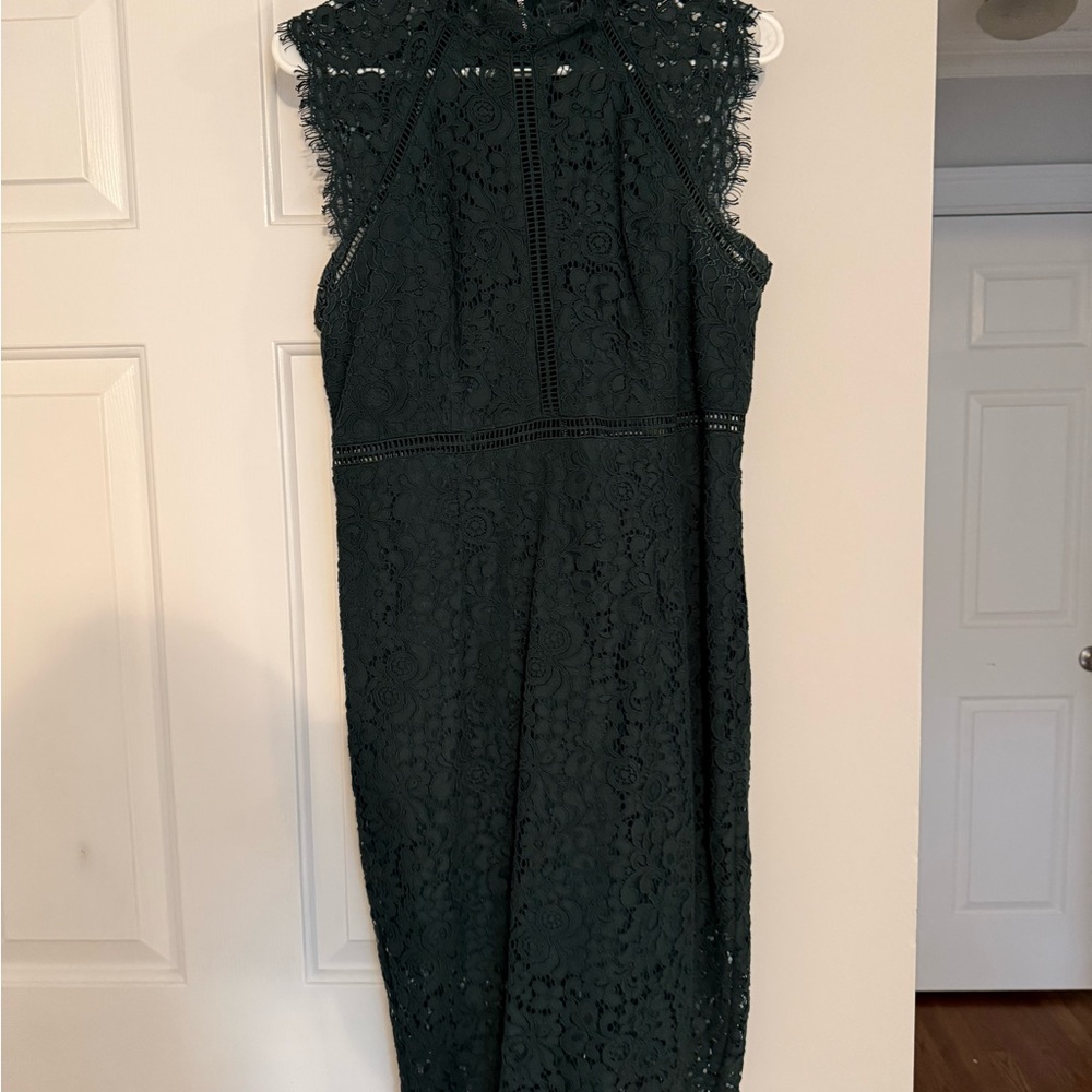 Bardot Dark Green Lace Midi Dress with High Neck